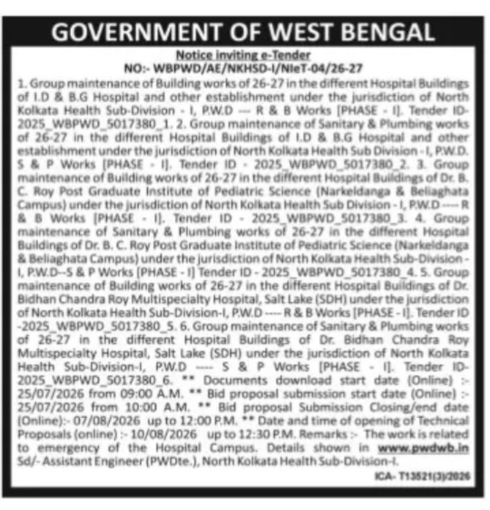 North Kolkata PWD – Hospital Building Maintenance Works
