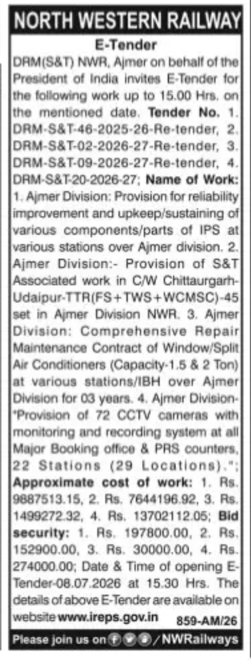 NORTH WESTERN RAILWAY E-Tender Notice