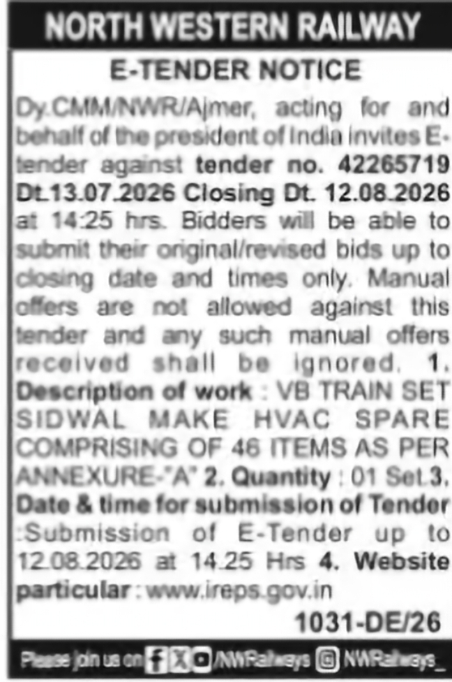North Western Railway – HVAC Spare Components Tender