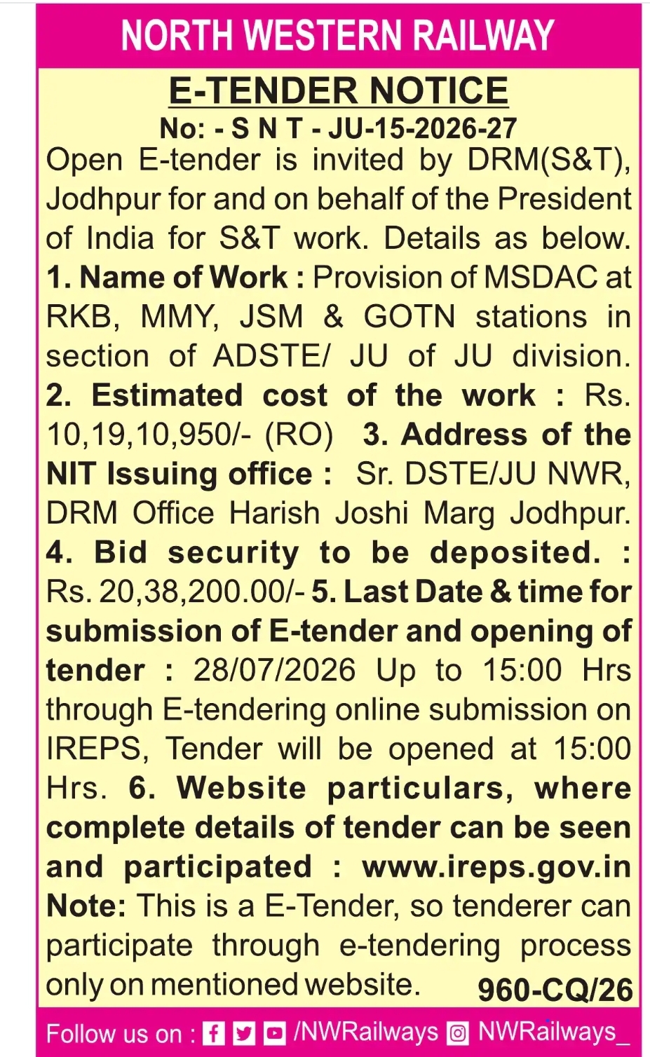 North Western Railway Invites E-Tender for MSDAC Provision Work in Jodhpur Division