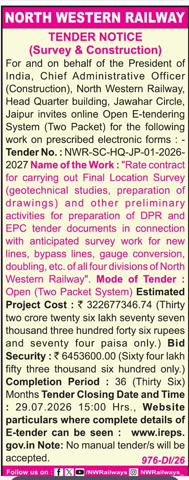 North Western Railway Invites E-Tenders for Final Location Survey & DPR Preparation Contract Worth ₹32.26 Crore