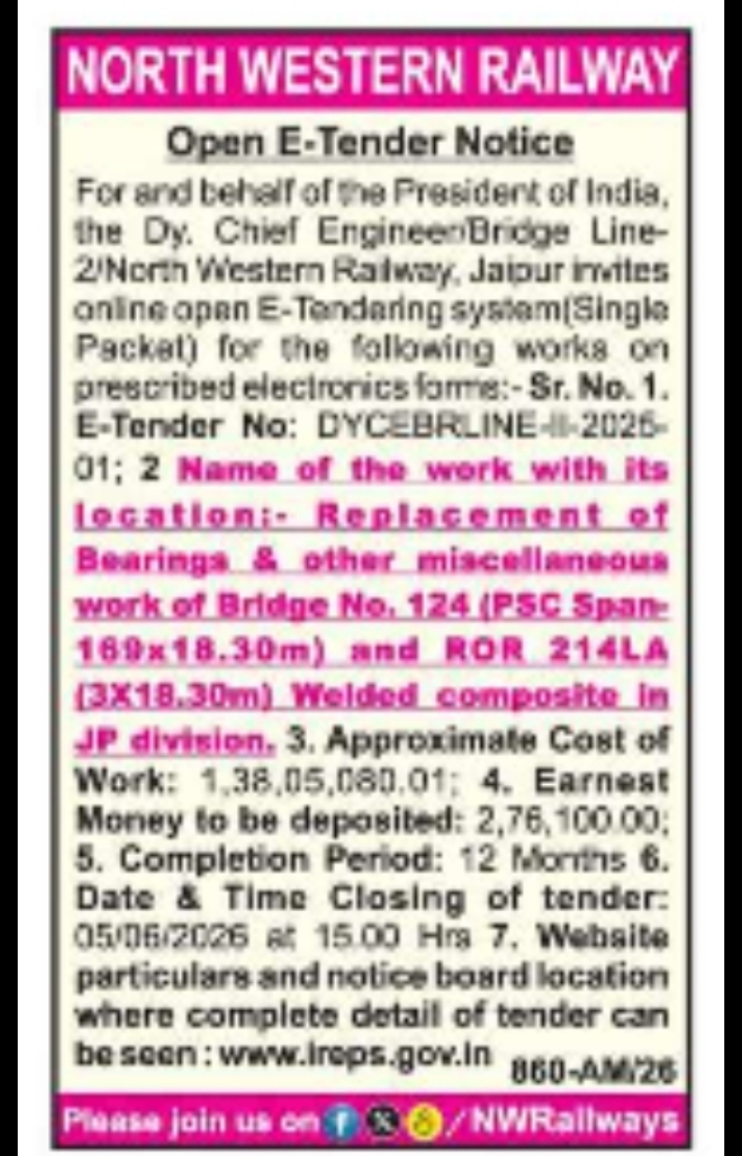 North Western Railway – Open E-Tender Notice (Bridge Work, Jaipur Division)