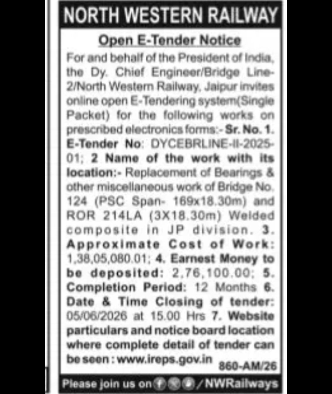 NORTH WESTERN RAILWAY – Open E-Tender Notice (Rajasthan)