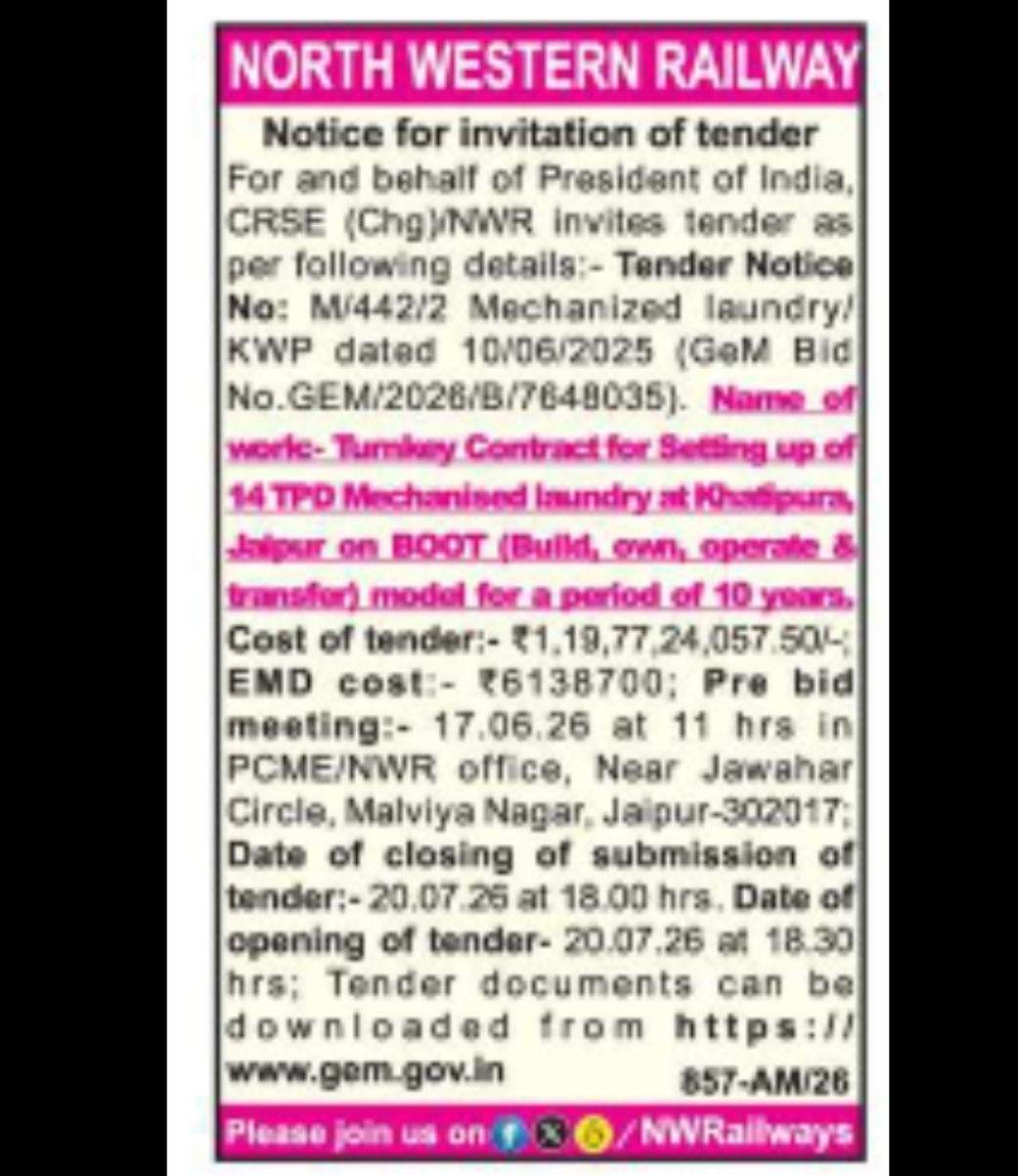 North Western Railway Tender Notice (Mechanised Laundry Project)