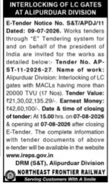 Northeast Frontier Railway E-Tender – Interlocking of LC Gates at Alipurduar Division