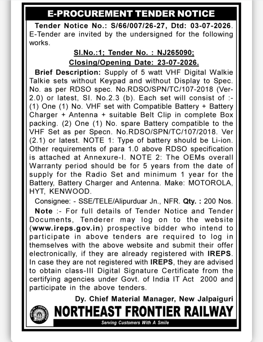 NORTHEAST FRONTIER RAILWAY Invites E-Procurement Tender for Supply of VHF Digital Walkie Talkie Sets