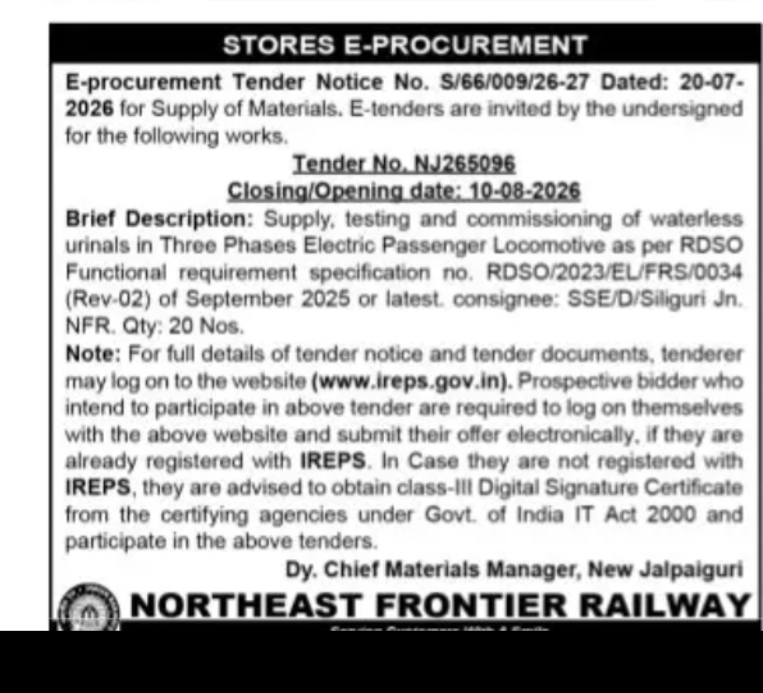 Northeast Frontier Railway Invites E-Tender for Supply of Waterless Urinals