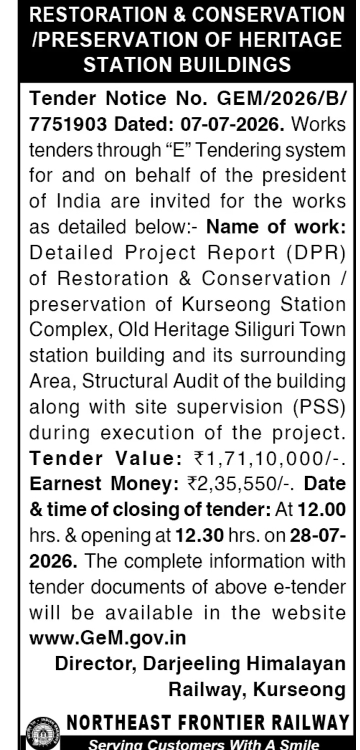Northeast Frontier Railway Invites Tender for Heritage Station Restoration & Conservation Project