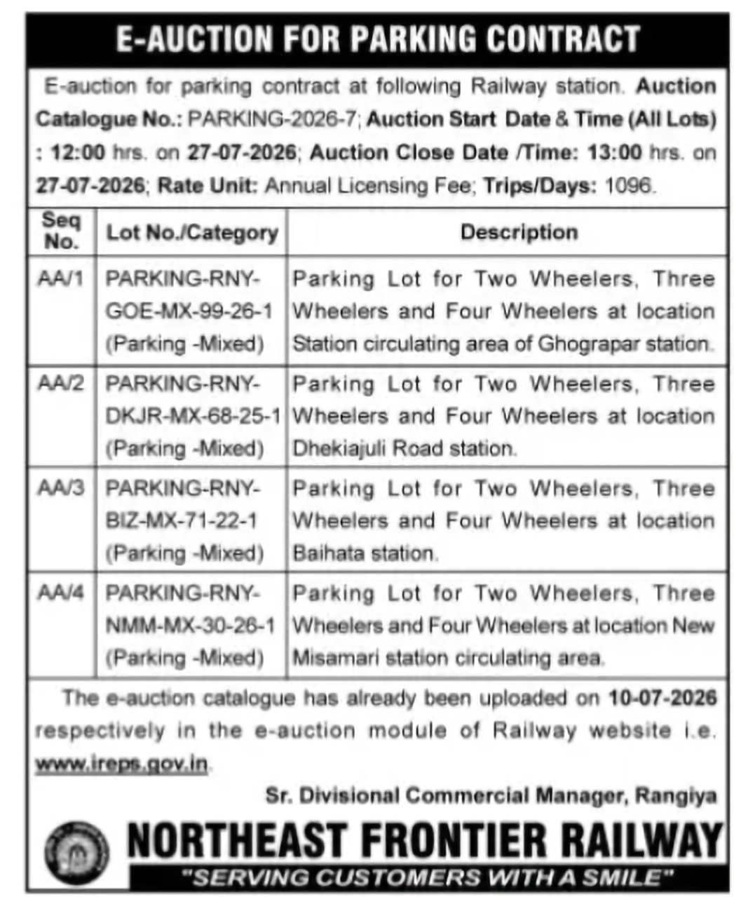 Northeast Frontier Railway Parking Contract e-Auction
