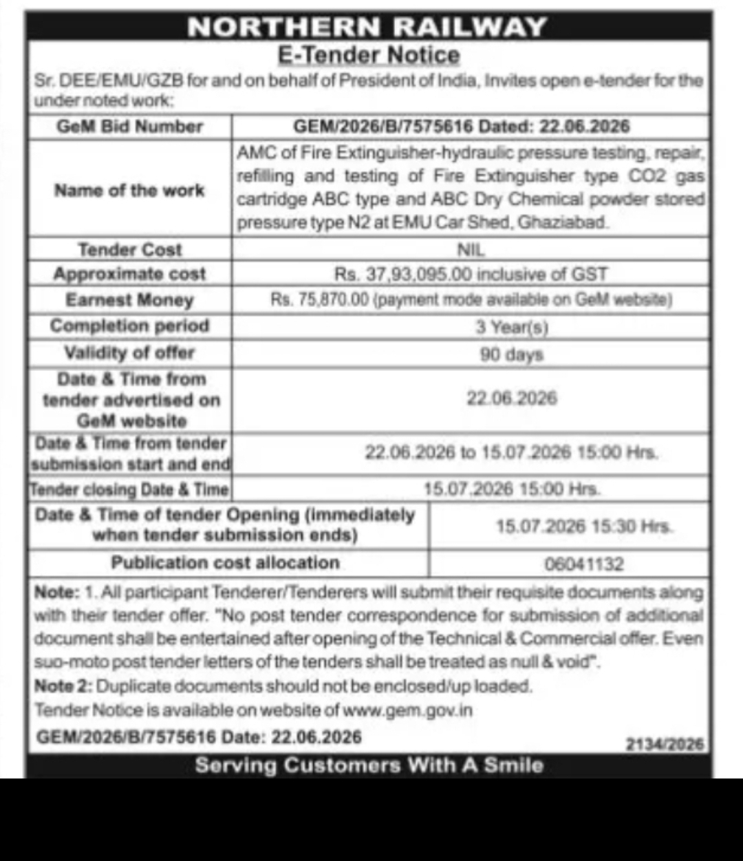 NORTHERN RAILWAY – AMC FIRE EXTINGUISHER TENDER (GeM)