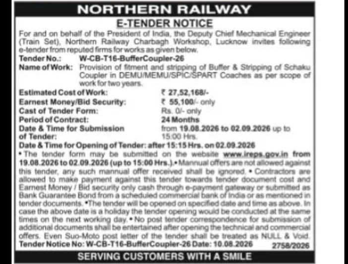 NORTHERN RAILWAY – CHARBAGH WORKSHOP, LUCKNOW | E-TENDER