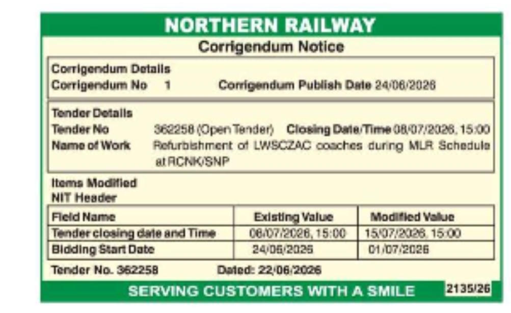 Northern Railway Corrigendum Notice for Coach Refurbishment Tender