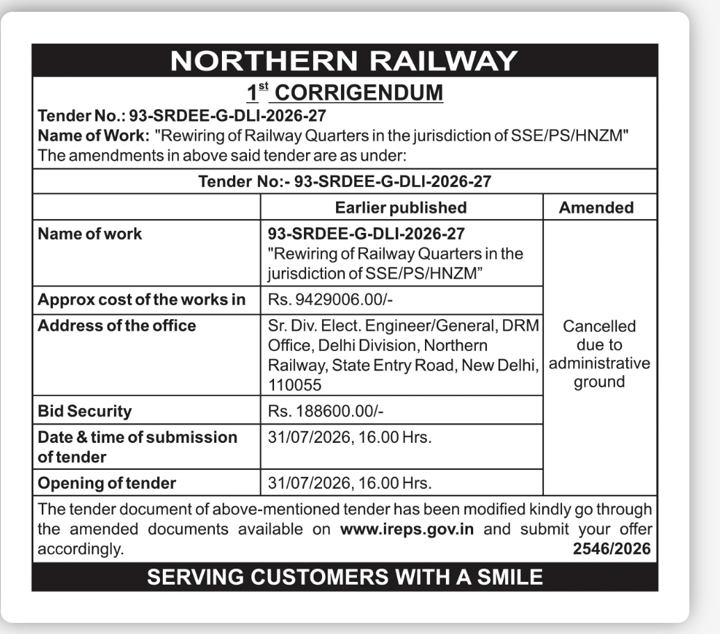 Northern Railway Corrigendum Notice – Tender No. 93-SRDEE-G-DLI-2026-27 Cancelled
