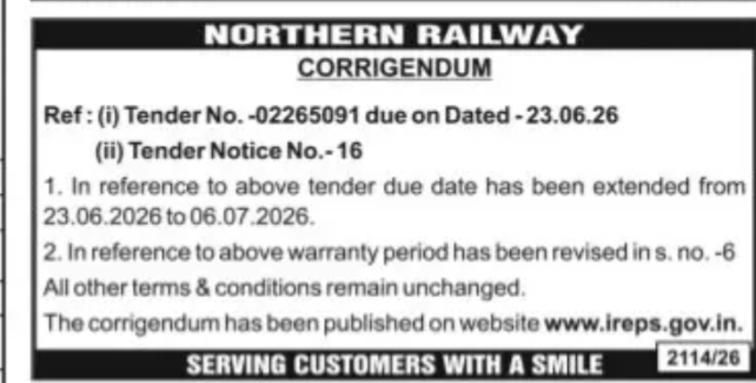 NORTHERN RAILWAY – CORRIGENDUM NOTICE