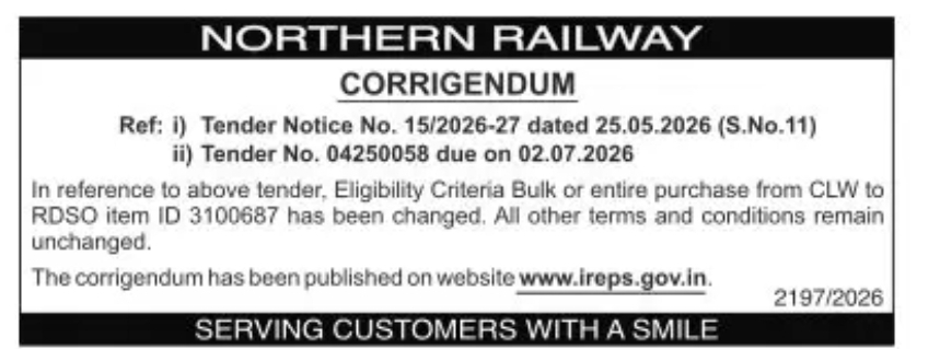 NORTHERN RAILWAY CORRIGENDUM NOTICE