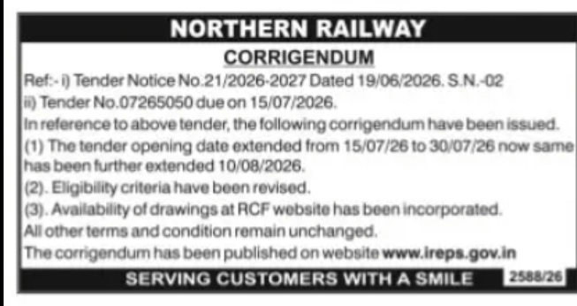 Northern Railway Corrigendum – Tender No. 07265050