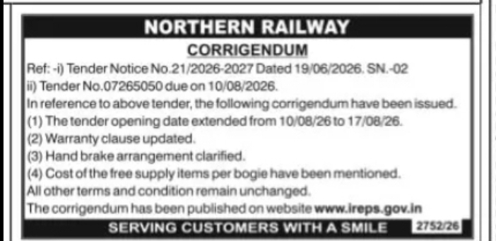 Northern Railway Corrigendum – Tender No. 07265050