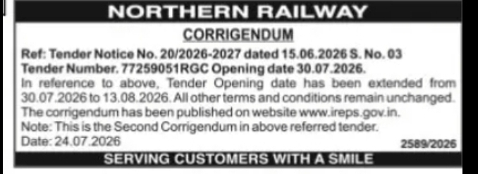 Northern Railway Corrigendum – Tender No. 77259051RGC