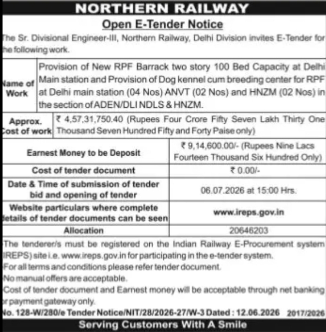 Northern Railway – Delhi Division E-Tender Notice (RPF Barrack & Dog Kennel Project) Location: Delhi, India