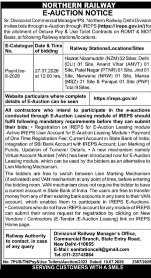 Northern Railway E-Auction for Pay & Use Toilet Contracts