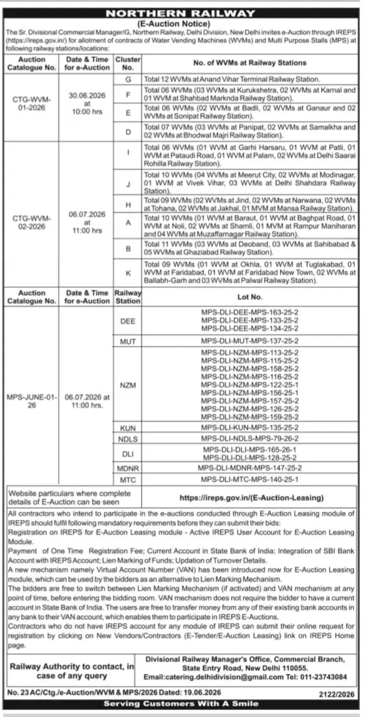 NORTHERN RAILWAY – E-AUCTION NOTICE (IREPS)