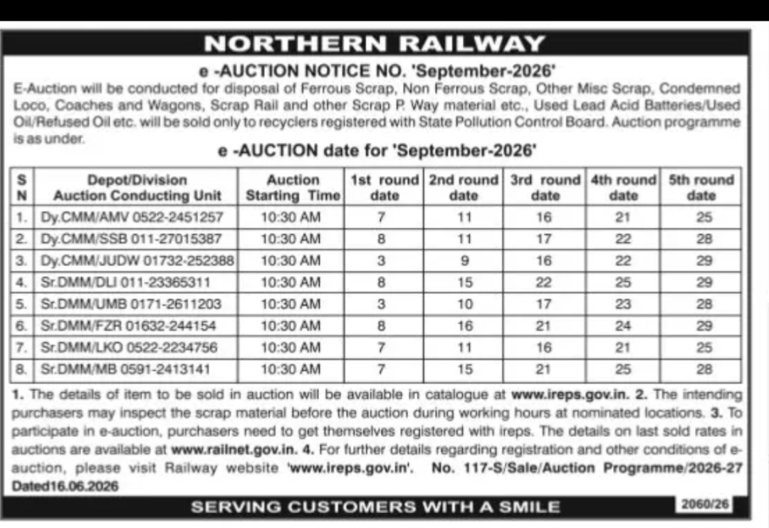 Northern Railway E-Auction Notice No. September-2026