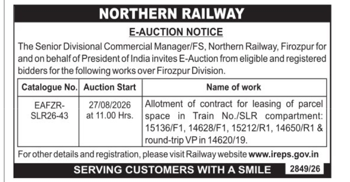 NORTHERN RAILWAY E-AUCTION NOTICE – PARCEL SPACE LEASING