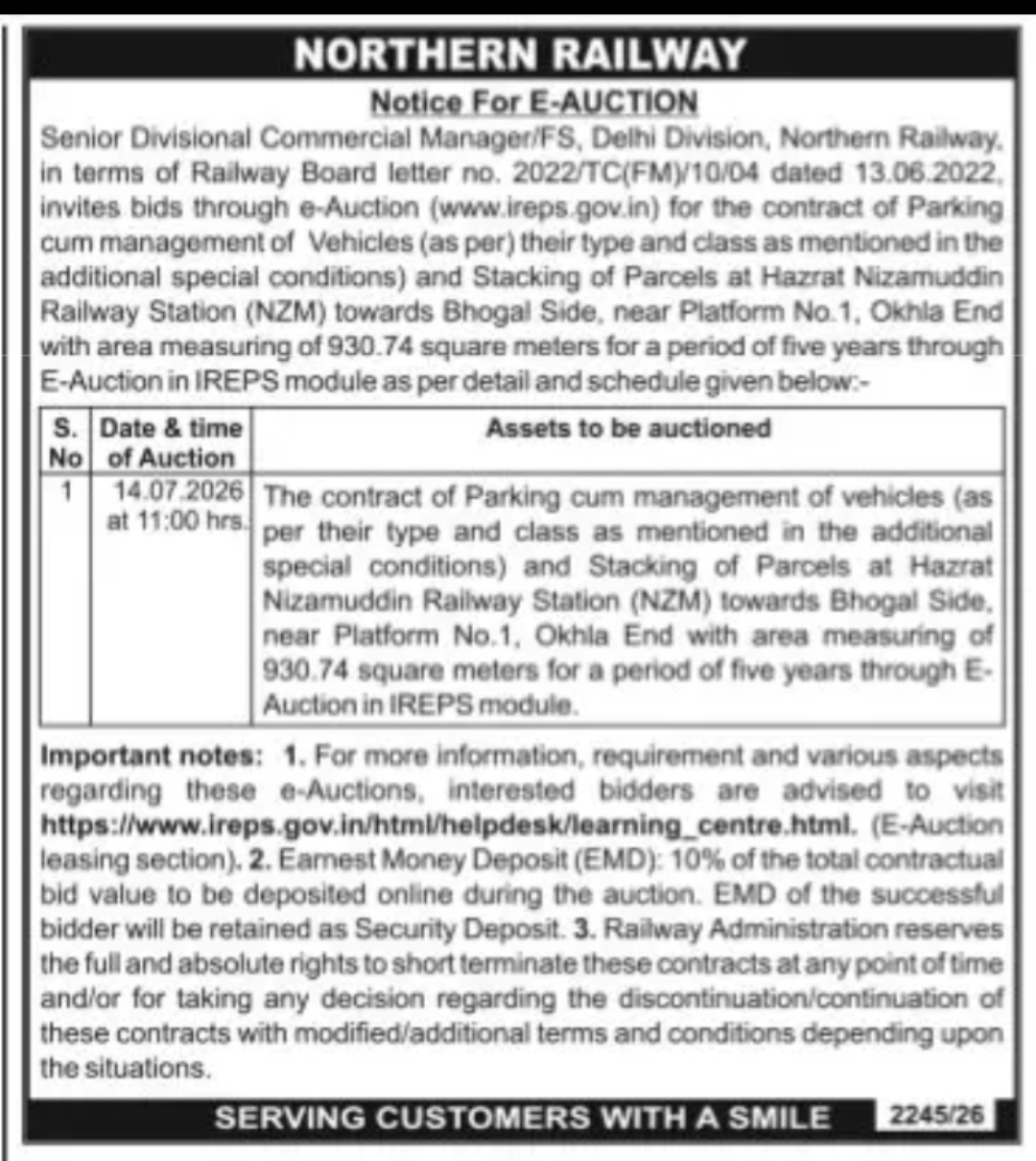 Northern Railway E-Auction Notice – Parking Contract