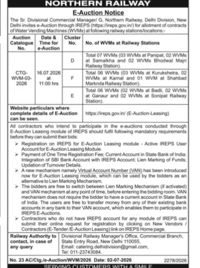 NORTHERN RAILWAY – E-AUCTION NOTICE | WATER VENDING MACHINE (WVM) CONTRACTS