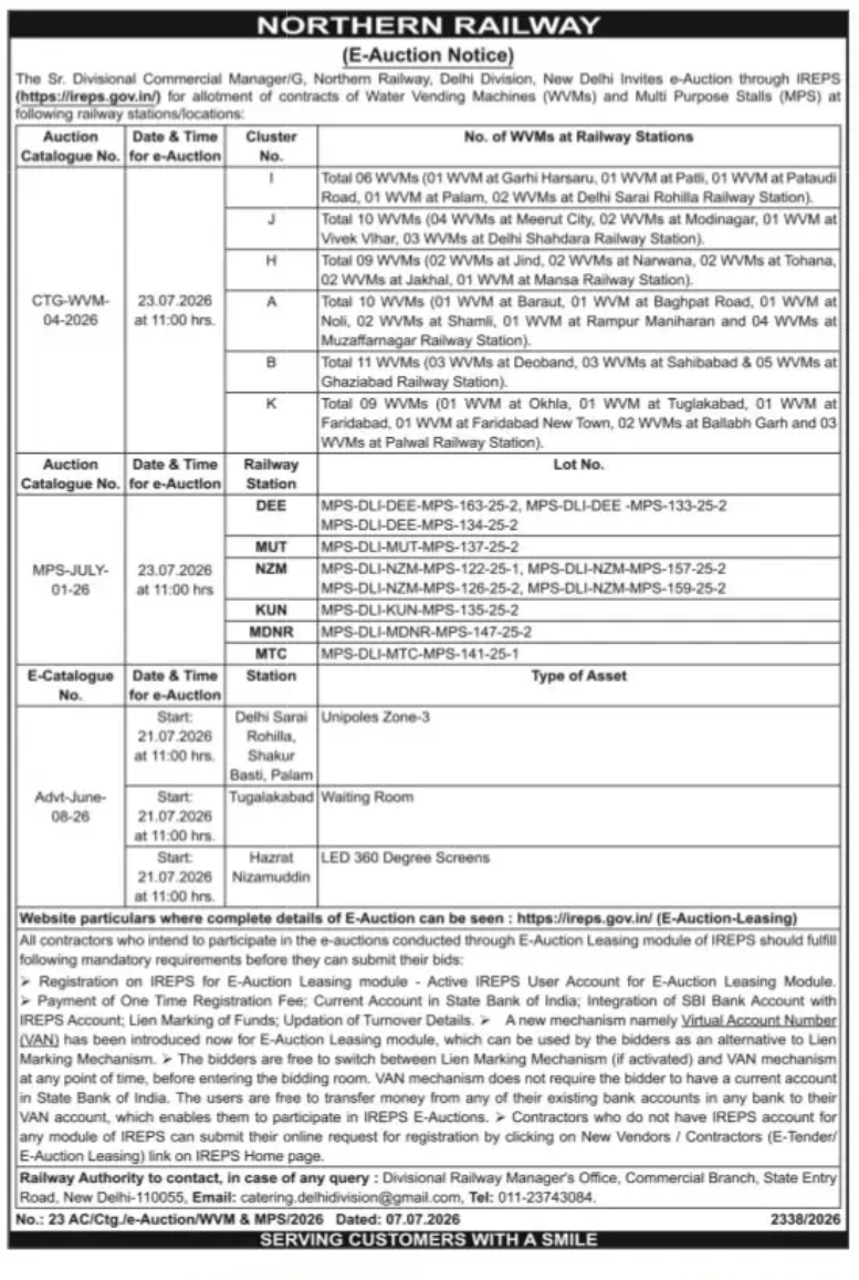Northern Railway E-Auction Notice – Water Vending Machines (WVMs), Multi Purpose Stalls (MPS) & Advertising Assets