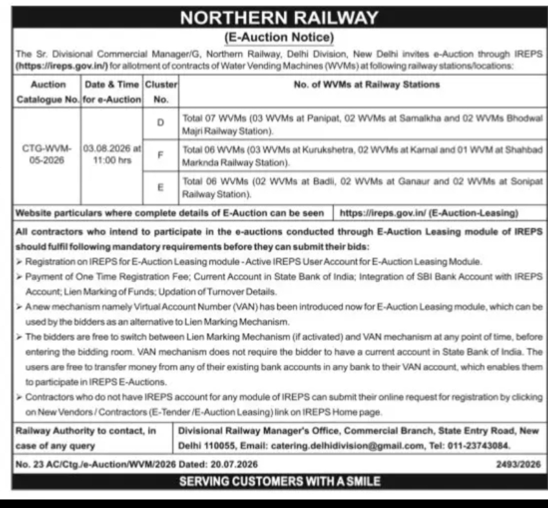 Northern Railway E-Auction – Water Vending Machine Contracts