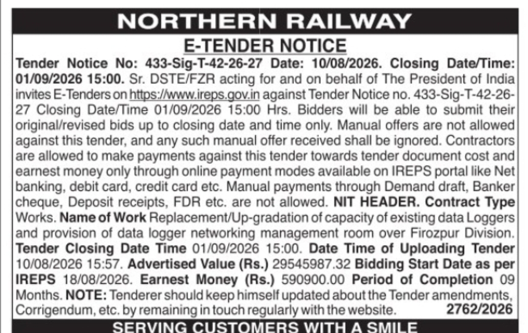 NORTHERN RAILWAY E-TENDER – DATA LOGGER UPGRADATION & NETWORKING