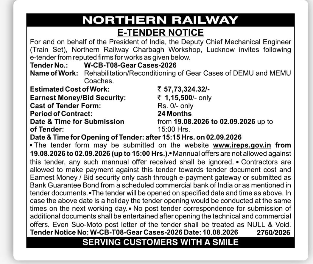 Northern Railway E-Tender – Gear Case Rehabilitation/Reconditioning