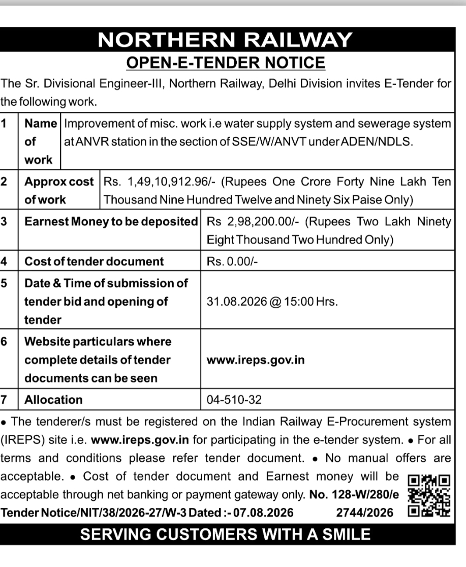 Northern Railway E-Tender – Improvement of Water Supply & Sewerage System at ANVR Station