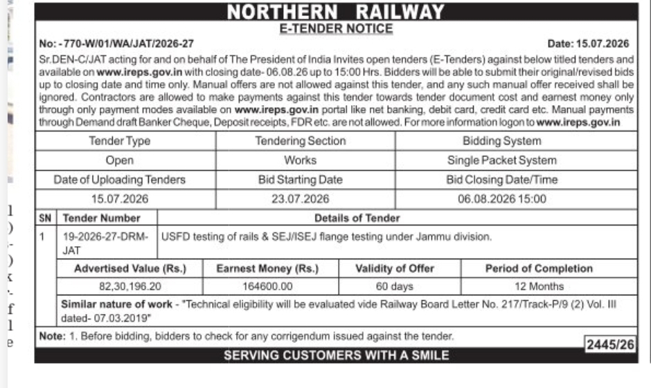 Northern Railway E-Tender Notice 2026 – USFD Testing of Rails & SEJ Flange Testing
