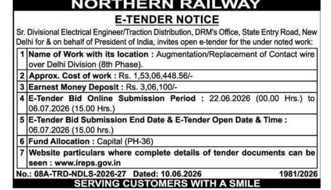 NORTHERN RAILWAY E-TENDER NOTICE – DELHI DIVISION