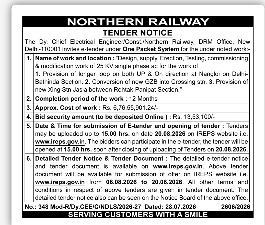 Northern Railway E-Tender Notice – Electrical Works (25 KV AC Modification and Commissioning)