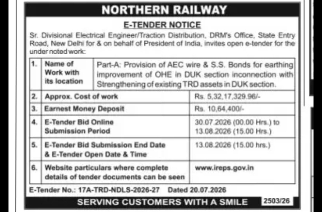 Northern Railway E-Tender Notice – Provision of AEC Wire & S.S. Bonds for Earthing in DUK Section