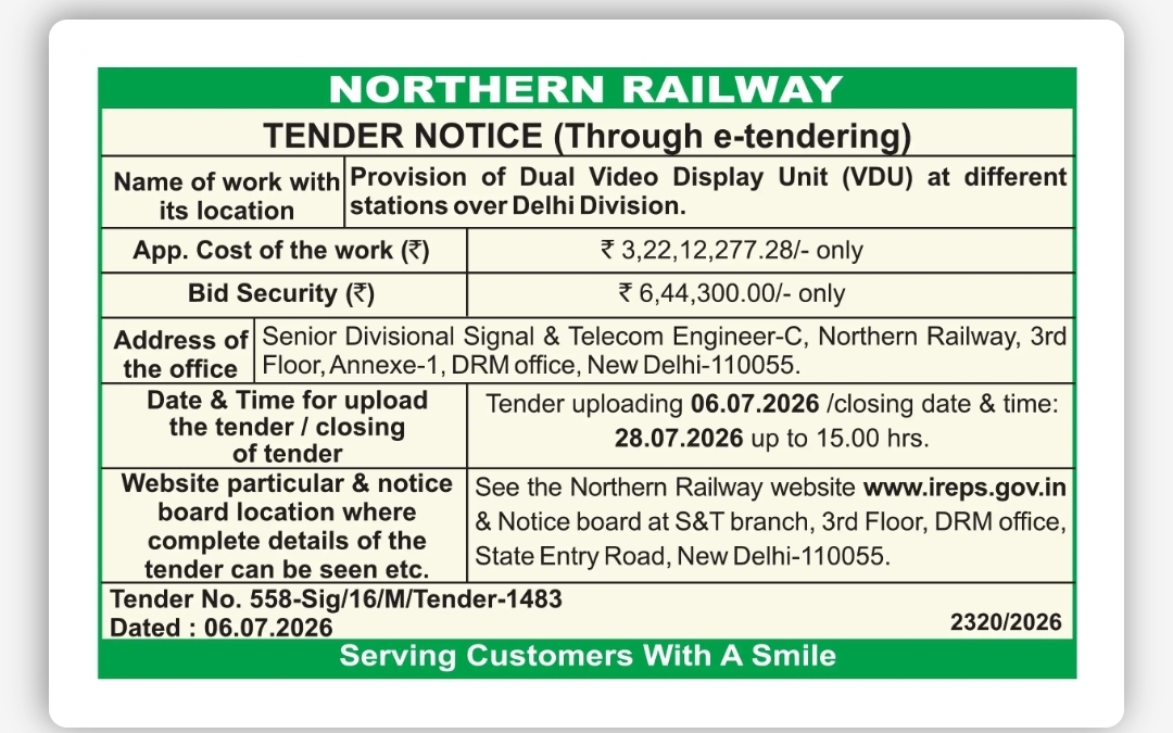 Northern Railway E-Tender Notice | Provision of Dual Video Display Units (VDU)