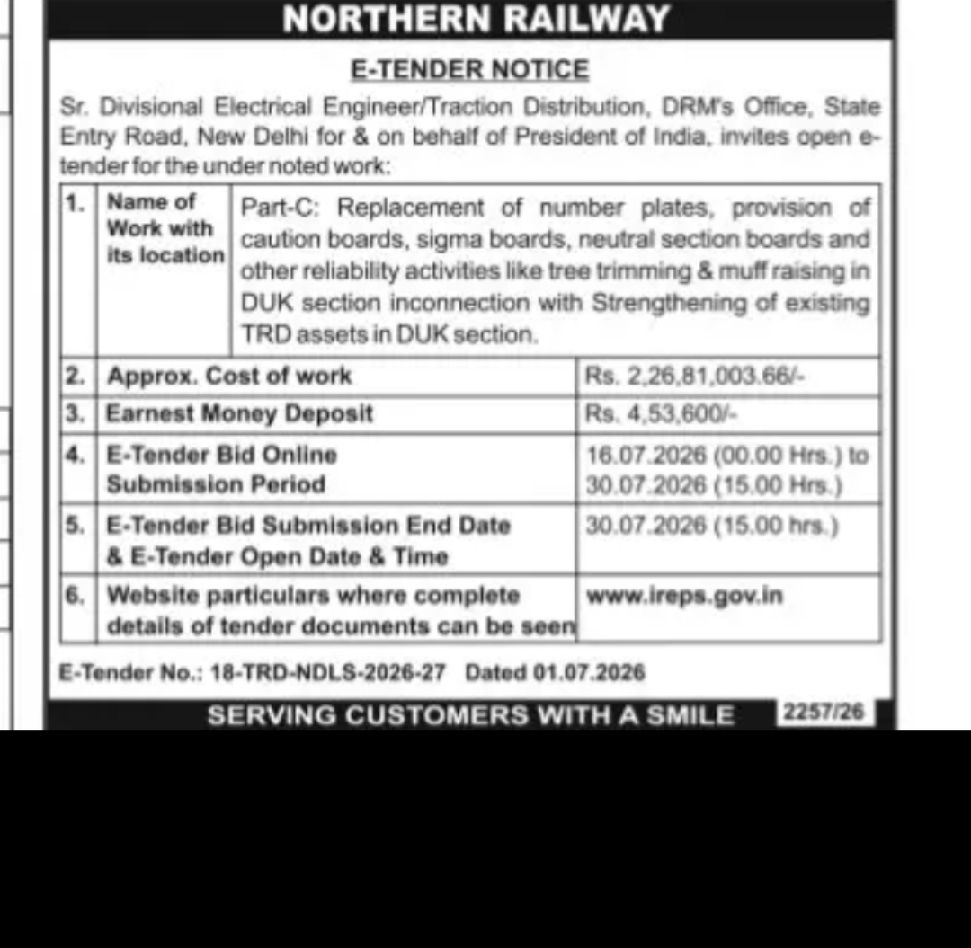 NORTHERN RAILWAY E-TENDER NOTICE – STRENGTHENING OF TRD ASSETS IN DUK SECTION