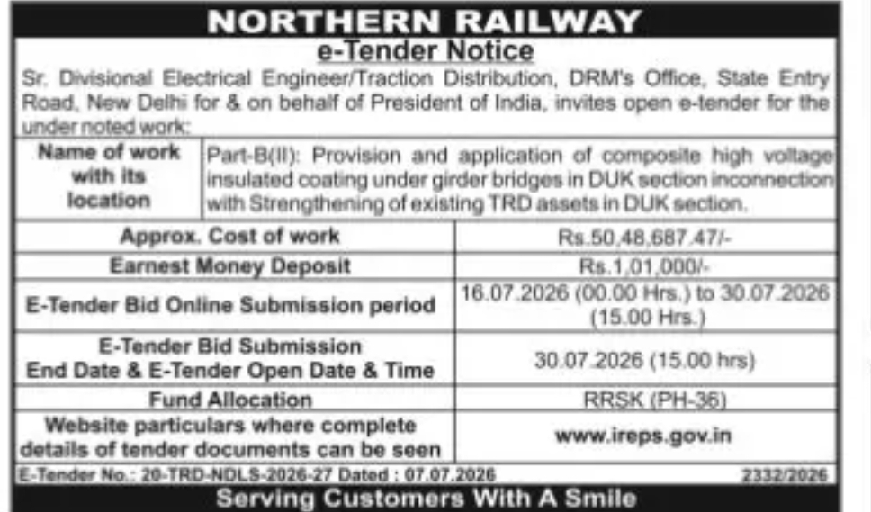 Northern Railway E-Tender Notice – TRD Asset Strengthening Work at DUK Section