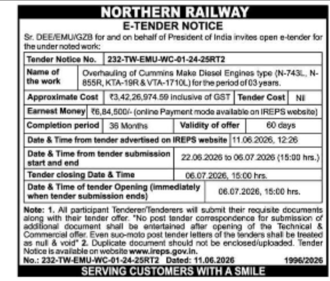 NORTHERN RAILWAY – E-TENDER NOTICE