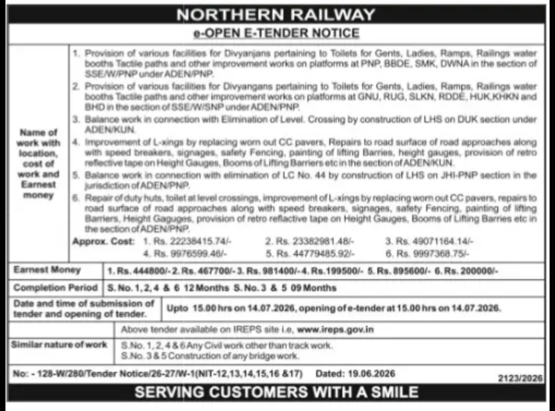 NORTHERN RAILWAY – E-TENDER NOTICE