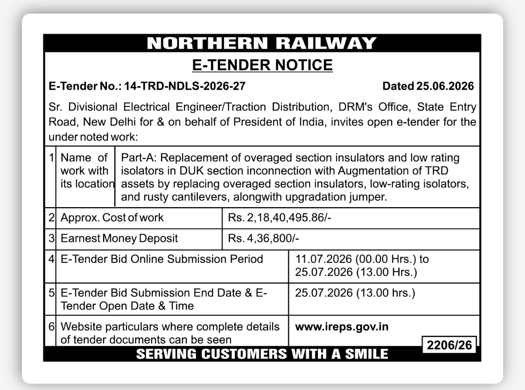 NORTHERN RAILWAY E-TENDER NOTICE
