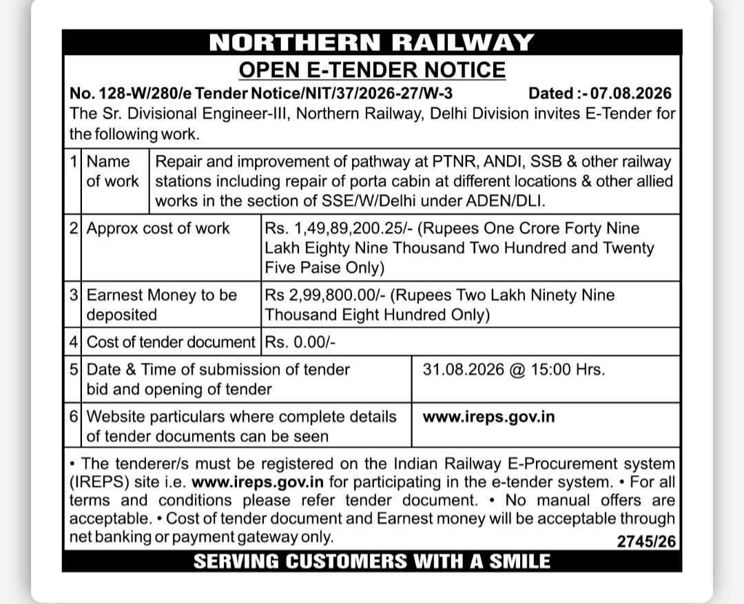 Northern Railway E-Tender – Pathway Repair & Improvement Works