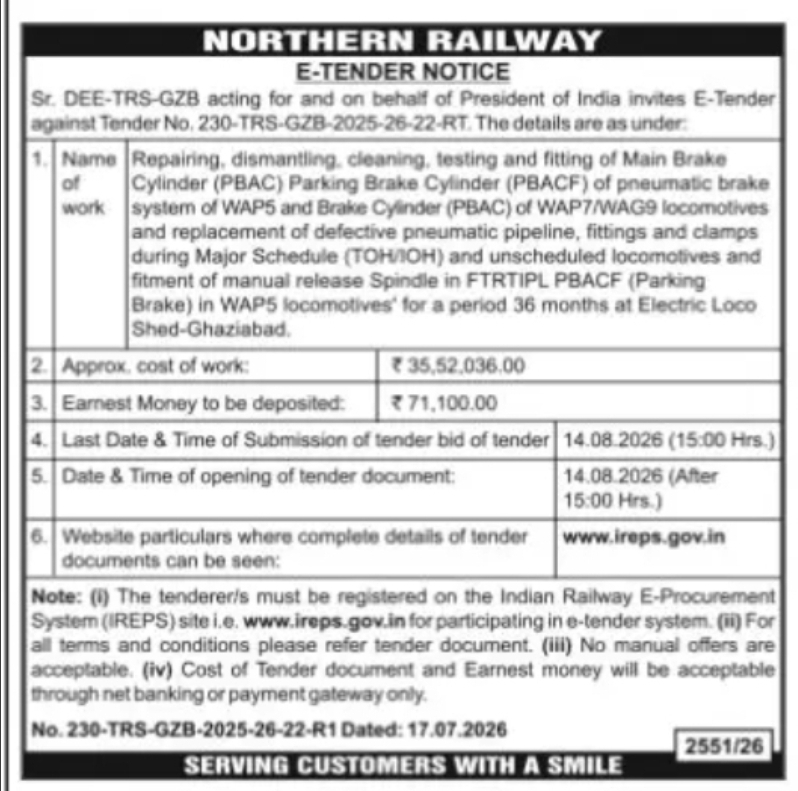 Northern Railway E-Tender – Repair and Maintenance of Locomotive Brake Systems