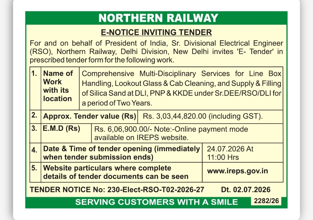 Northern Railway Invites E-Tender for Comprehensive Multi-Disciplinary Services at DLI, PNP & KKDE