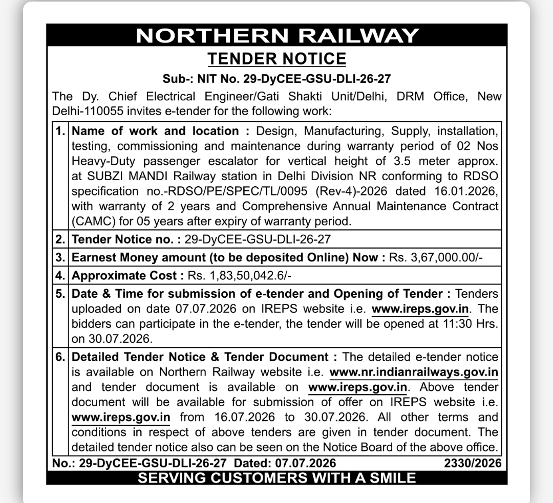 Northern Railway Invites E-Tender for Installation of Heavy-Duty Passenger Escalators at Subzi Mandi Railway Station