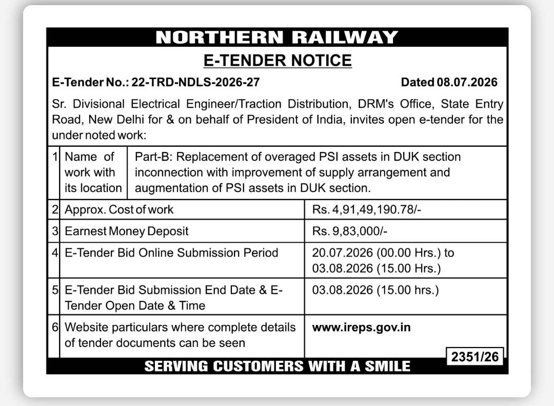 Northern Railway Invites E-Tender for Replacement of Overaged PSI Assets in DUK Section