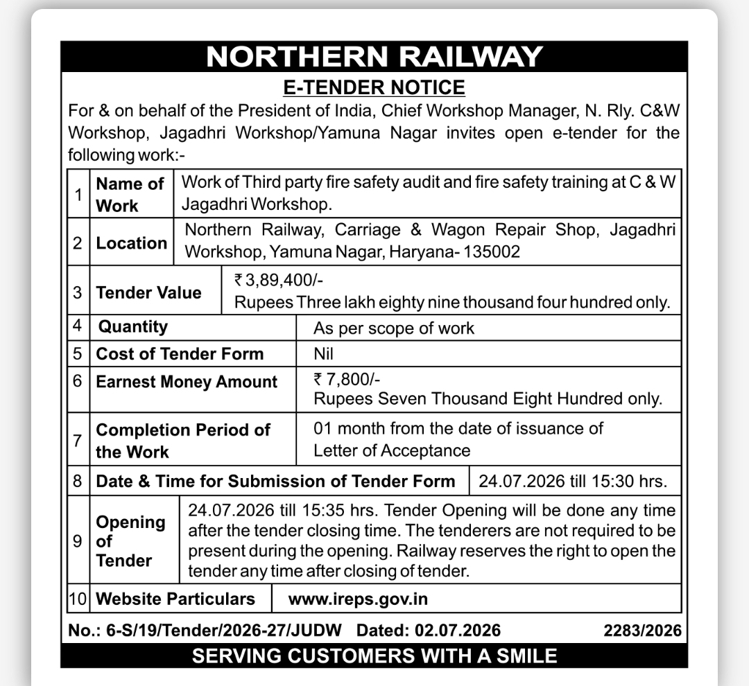 Northern Railway Invites E-Tender for Third Party Fire Safety Audit & Training at Jagadhri Workshop